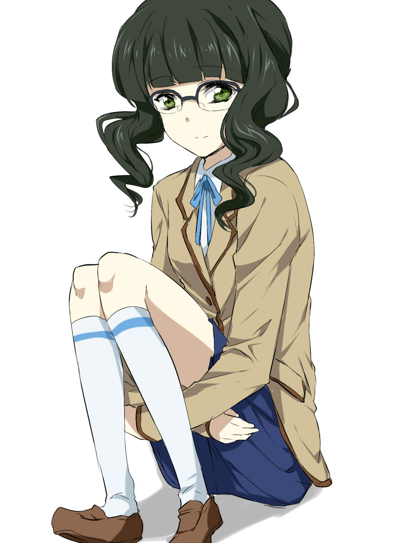 1girl black_hair black_rock_shooter blue_ribbon blue_skirt eyebrows eyebrows_visible_through_hair glasses green_eyes kneehighs leg_hug looking_at_viewer maruki_(punchiki) pleated_skirt ribbon school_uniform short_hair_with_long_locks simple_background sitting skirt socks solo takanashi_yomi white_background white_legwear