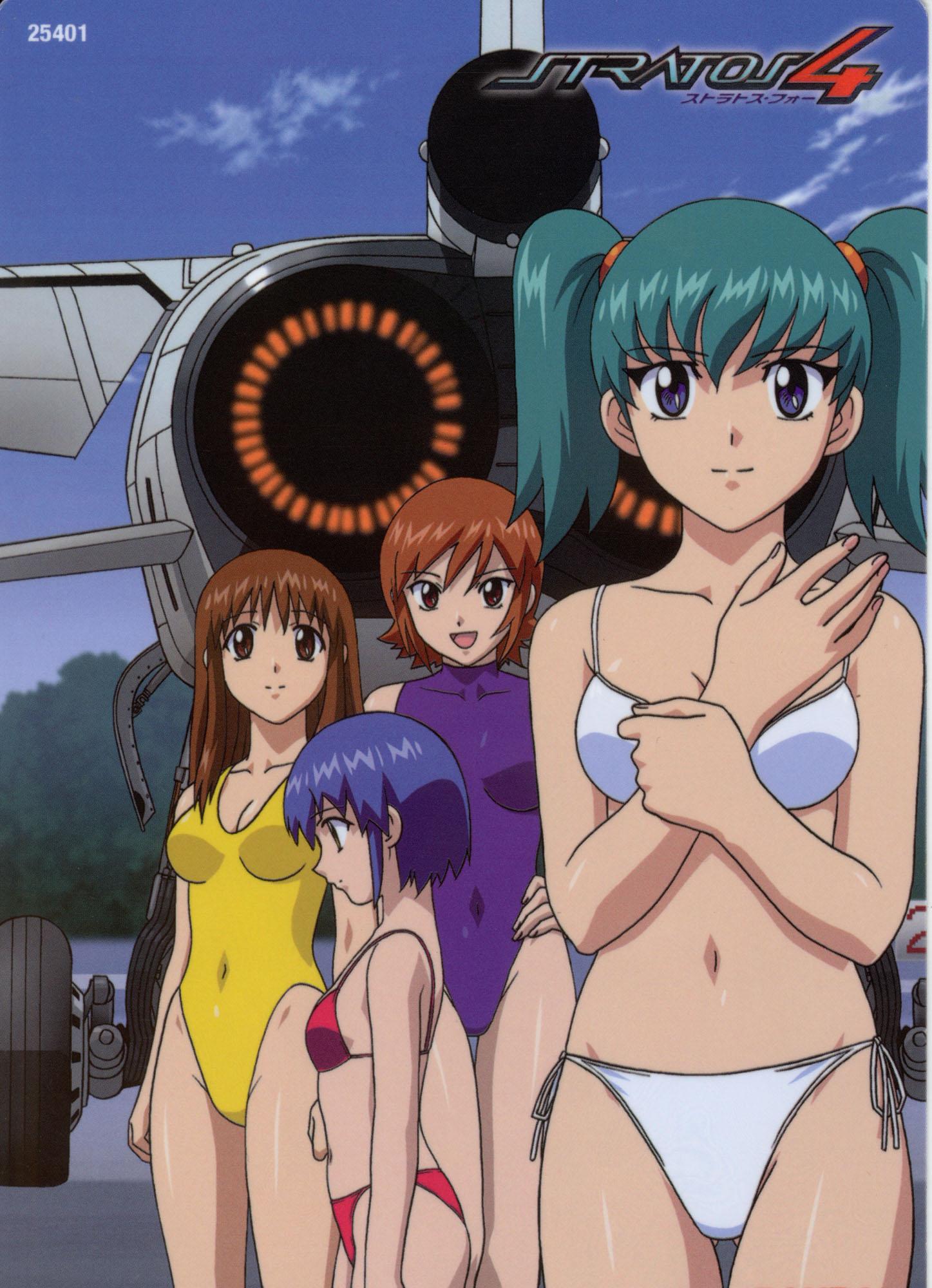 00s 4girls airplane aqua_hair bikini blonde_hair blue_eyes blue_hair breasts brown_eyes brown_hair cleavage doi_shizuha female green_hair hand_on_hip happy hips honjo_mikaze jet kikuhara_karin long_hair looking_at_viewer midriff multiple_girls nakamura_ayamo navel one-piece_swimsuit open_mouth orange_hair red_eyes scan shiny shiny_skin short_hair side-tie_bikini sideboob sky smile stratos_4 swimsuit tsr-2 twintails white_bikini yamauchi_noriyasu