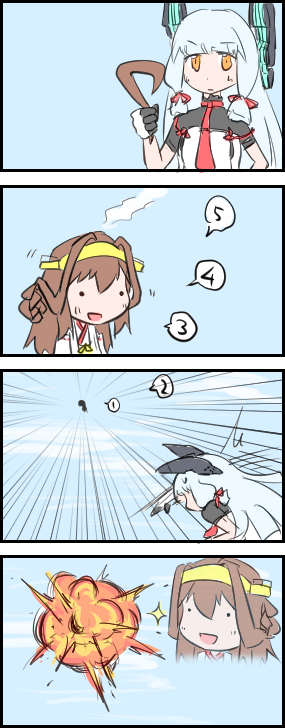 2girls 4koma ahoge brown_hair comic detached_hair double_bun explosion gloves hair_ribbon hairband headgear japanese_clothes kantai_collection kongou_(kantai_collection) long_hair multiple_girls murakumo_(kantai_collection) open_mouth red_eyes ribbon silent_comic silver_hair smile taru_(taru_kaisen) tress_ribbon