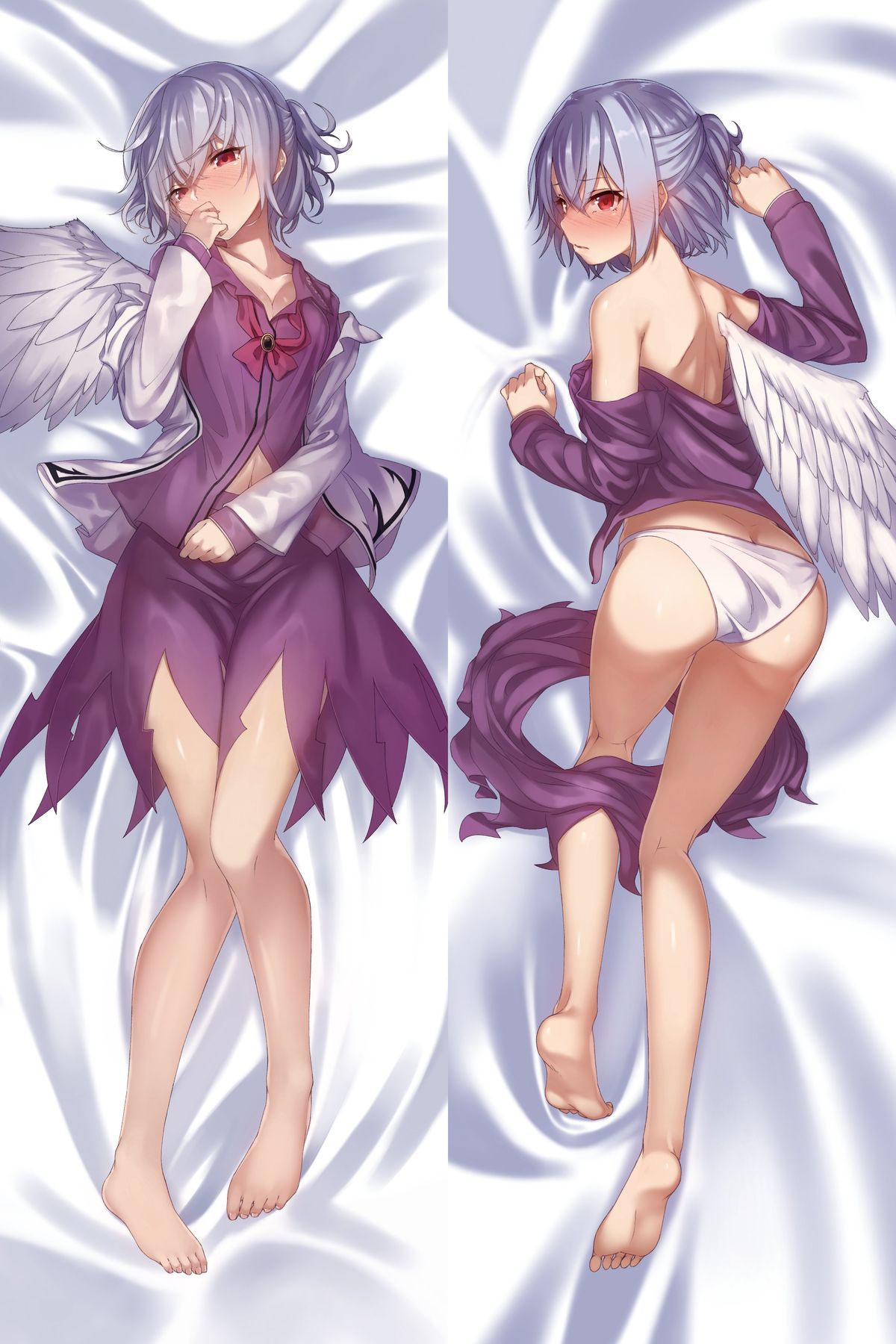 1girl ass bare_legs barefoot bed_sheet blush breasts brooch butt_crack cleavage collarbone covering_mouth dakimakura feathered_wings from_above full_body half_updo highres ibuki_notsu jacket jewelry kishin_sagume long_sleeves looking_at_viewer lying miniskirt multiple_views navel nose_blush off_shoulder on_back open_clothes open_jacket panties purple_shirt purple_skirt red_eyes shirt silver_hair single_wing skirt touhou underwear undressing white_panties wings