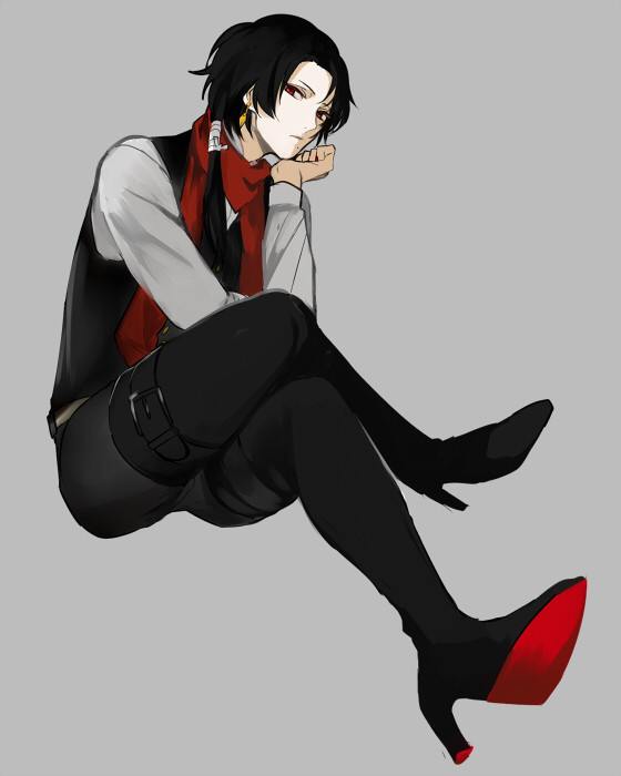 1boy androgynous beauty_mark black_hair boots closed_mouth collared_shirt earrings from_below full_body grey_background head_rest high_heel_boots high_heels hiki_yuichi jewelry kashuu_kiyomitsu legs_crossed long_hair looking_at_viewer male_focus military_uniform mole mole_under_mouth nail_polish personification ponytail red_eyes red_nails scarf simple_background sitting solo thigh_boots touken_ranbu