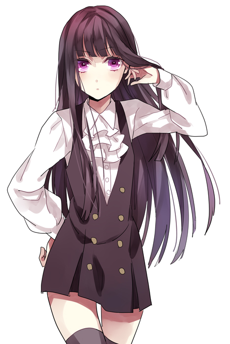 1girl black_hair black_legwear cowboy_shot eyebrows eyebrows_visible_through_hair hand_in_hair hand_on_hip inu_x_boku_ss long_hair shirakiin_ririchiyo simple_background solo thigh-highs violet_eyes white_background yuzuki_karu