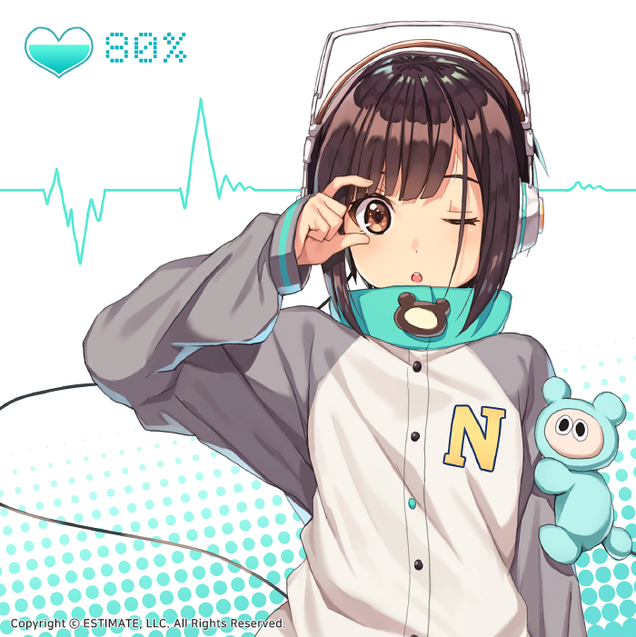 1girl black_hair brown_eyes commentary_request headphones jacket kim_bae-eo letterman_jacket official_art one_eye_closed oversized_clothes shirt short_hair shorts solo tanuki tanuqn untucked_shirt vocaloid yumemi_nemu