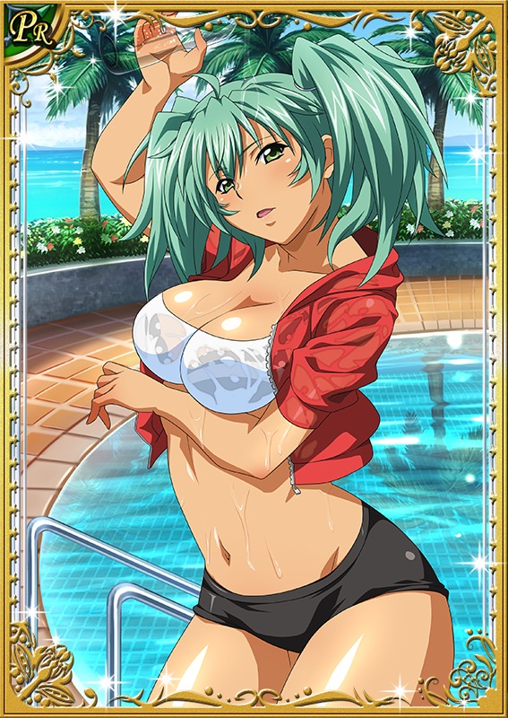 00s 1girl black_shorts bra breasts card_(medium) cleavage eyebrows eyebrows_visible_through_hair green_eyes green_hair holding ikkitousen jacket large_breasts long_hair matching_hair/eyes navel open_clothes open_jacket outdoors pool red_jacket ryofu_housen short_shorts short_twintails shorts solo strapless strapless_bra tied_hair twintails underwear wet white_background