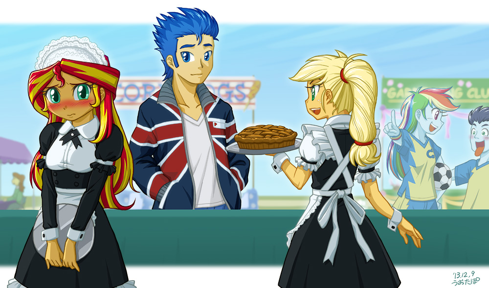 2boys 3girls applejack blush flash_sentry maid multiple_boys multiple_girls my_little_pony my_little_pony_equestria_girls my_little_pony_friendship_is_magic personification pie rainbow_dash soarin soccer_ball sunset_shimmer tagme uotapo