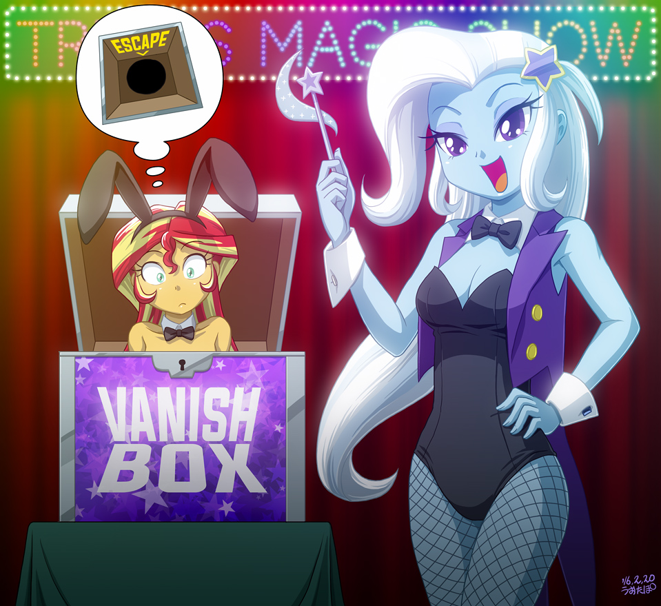 2girls bunny_girl bunnysuit fishnets leotard magic_show magician multiple_girls my_little_pony my_little_pony_equestria_girls my_little_pony_friendship_is_magic personification sunset_shimmer tagme trixie_lulamoon uotapo