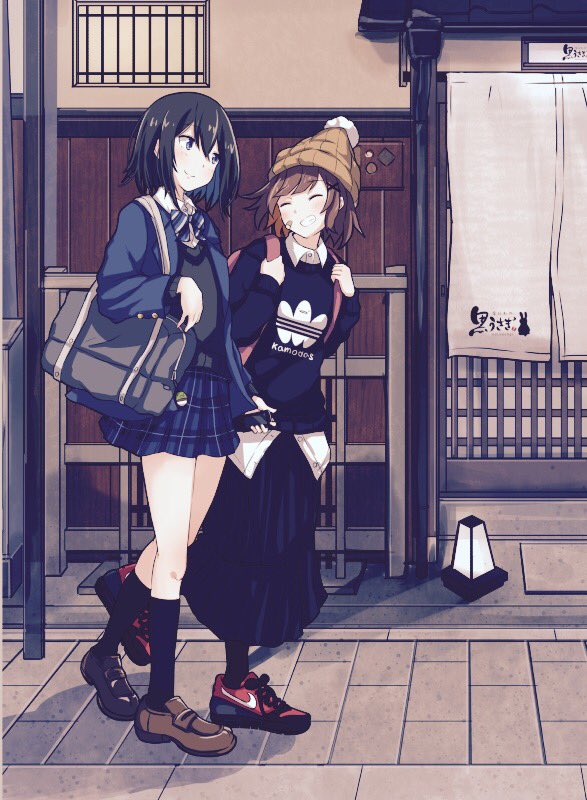 2girls ^_^ adidas backpack bag bangs beanie black_hair black_legwear blazer blue_eyes bookbag bow bowtie brand_name_imitation brown_hair brown_shoes building cellphone closed_eyes from_side grin hair_ornament hairclip hat holding holding_phone jacket kneehighs loafers long_skirt long_sleeves looking_at_another multiple_girls open_clothes open_jacket original outdoors pavement phone plaid plaid_skirt sakeharasu school_uniform shoes short_hair side-by-side skirt smartphone smile sneakers striped striped_bow striped_bowtie sweatshirt swept_bangs teeth uniform walking wing_collar x_hair_ornament