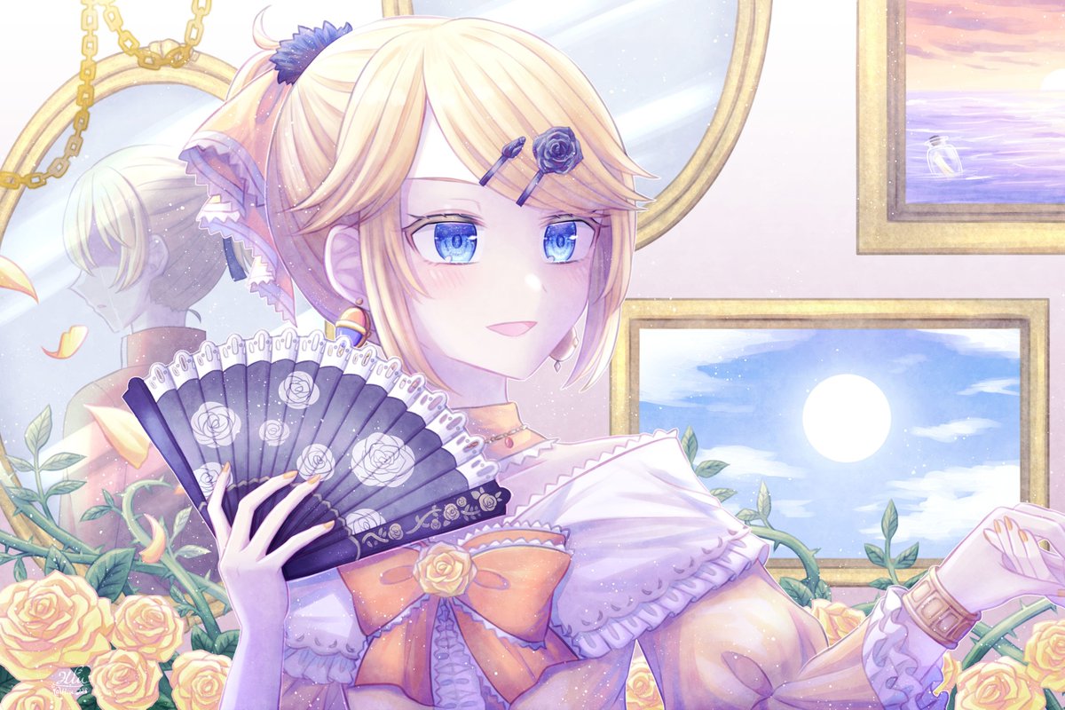 aku_no_musume_(vocaloid) bare_shoulders blonde_hair blue_eyes blue_sky bow bracelet brother_and_sister choker colored_eyelashes crying detached_collar dress dress_bow dress_flower earrings evillious_nendaiki floral_print flower four_mirrors_of_lucifenia frilled_choker frills hair_bow hair_ornament hairclip hand_fan high_ponytail hiu_228 holding holding_fan holding_hands jewelry kagamine_rin light_blush message_in_a_bottle ocean off-shoulder_dress off_shoulder orange_bow portrait regret_message_(vocaloid) riliane_lucifen_d'autriche rose rose_print shaded_face short_ponytail siblings sidelocks sky smile sun sunset swept_bangs thorns twins twiright_prank_(vocaloid) updo vessel_of_sin vocaloid yellow_bow yellow_choker yellow_dress yellow_flower yellow_nails yellow_rose
