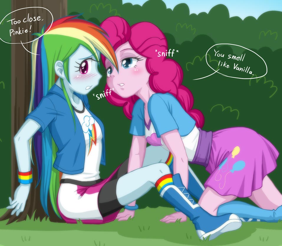 2girls blush english multiple_girls my_little_pony my_little_pony_equestria_girls my_little_pony_friendship_is_magic personification pinkie_pie rainbow_dash tagme text uotapo yuri