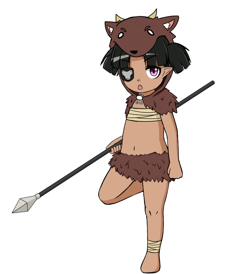 alternate_costume child cupala_(8492ace) dark_skin eyebrows eyebrows_visible_through_hair eyepatch flat_chest full_body holding isadora_finnsdottir lotte_no_omocha! navel open_mouth shiny shiny_hair simple_background spear standing_on_one_leg weapon white_background