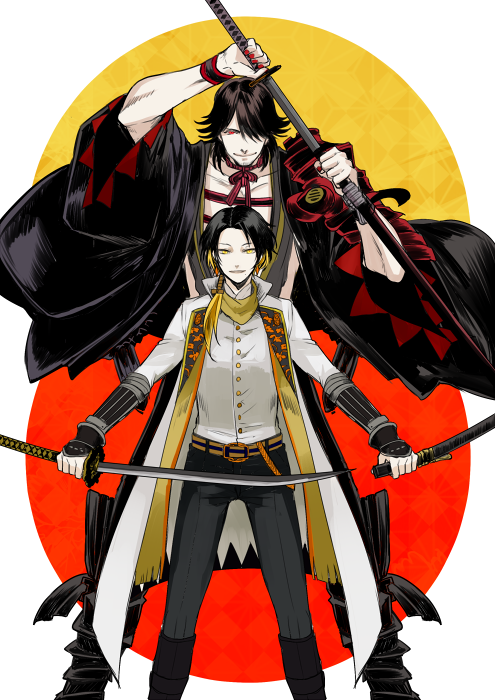 2boys alternate_color androgynous armor beauty_mark black_hair blonde_hair boots brown_hair coat collarbone earrings facial_hair hair_over_one_eye haori height_difference hiki_yuichi japanese_armor kashuu_kiyomitsu katana long_hair male_focus military_uniform mole mole_under_mouth multicolored_hair multiple_boys nagasone_kotetsu nail_polish personification ponytail red_eyes red_nails scarf simple_background size_difference smile sword touken_ranbu two-tone_hair weapon yellow_eyes