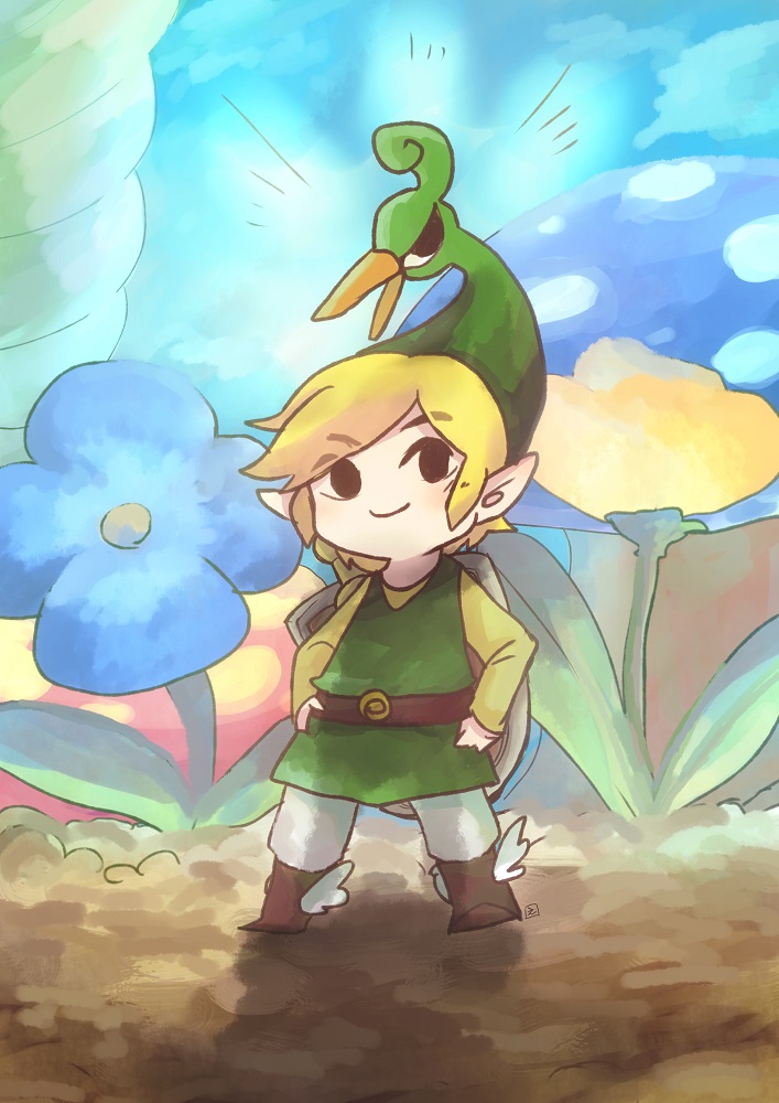 1boy armor artist_request bird blonde_hair ezlo green_shirt hat link pointy_ears solo sword the_legend_of_zelda the_legend_of_zelda:_the_minish_cap toon_link