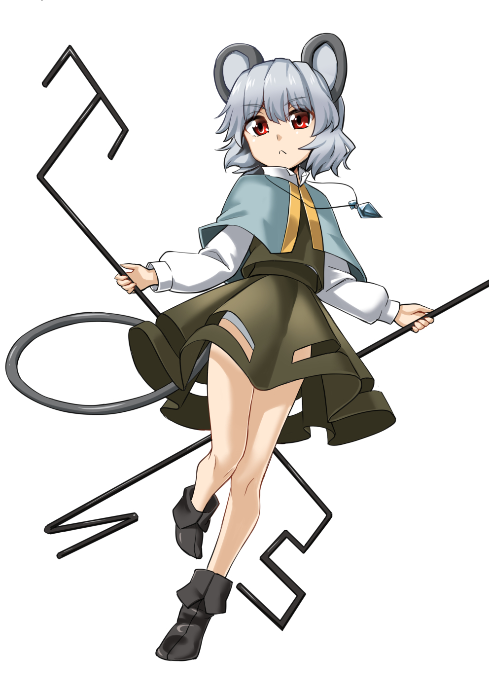 1girl :&lt; abe_ranzu animal_ears capelet closed_mouth grey_hair highres leg_up mouse_ears mouse_tail nazrin panties pantyshot pendulum red_eyes rod short_hair solo tail touhou underwear white_panties