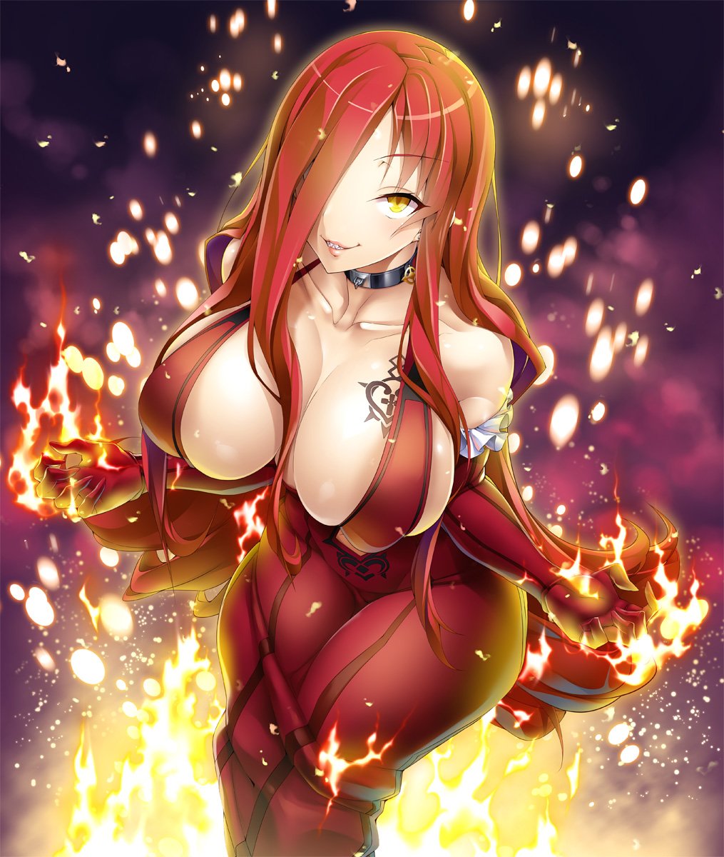 1girl astaroth bare_shoulders breasts cleavage dress female fire full_body large_breasts long_hair looking_at_viewer magic naughty_face no_bra potion_(moudamepo) redhead shiny shiny_skin sideboob smile taimanin_asagi taimanin_asagi_battle_arena tattoo yellow_eyes