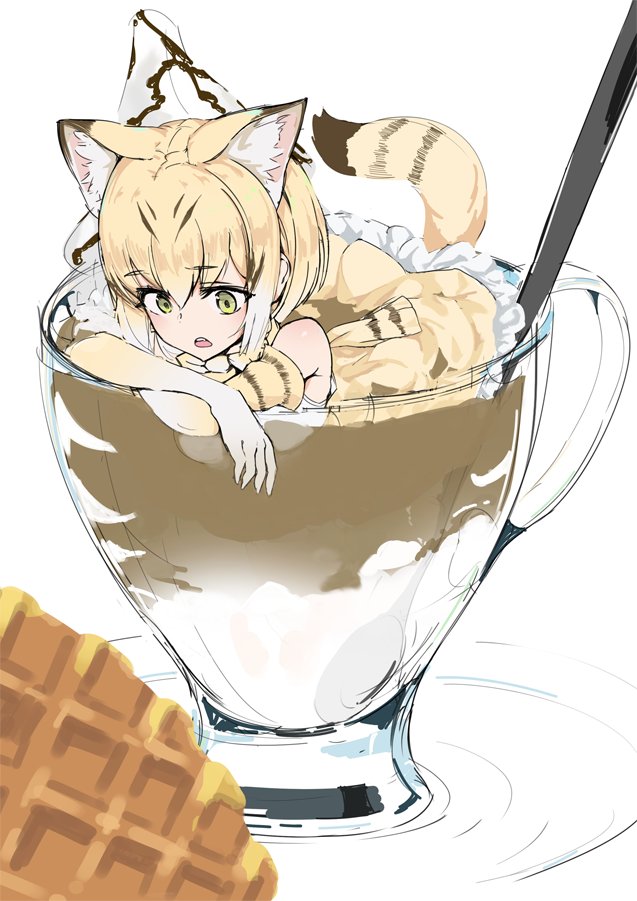 1girl animal_ears bangosu blonde_hair bow bowtie cat_ears cat_girl cat_tail cream cup drink drinking_glass elbow_gloves eyebrows_visible_through_hair food gloves green_eyes hair_between_eyes in_food kemono_friends print_gloves sand_cat_(kemono_friends) sand_cat_print shirt sleeveless sleeveless_shirt solo spoon spotted_hair tail waffle white_background yellow_gloves yellow_neckwear