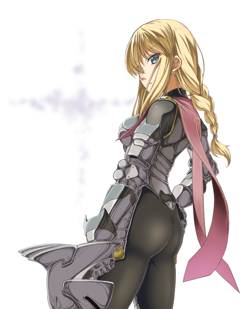 1girl armor ass blue_eyes bodysuit braid contrapposto cowter flat_ass gauntlets hand_on_hip helmet looking_at_viewer looking_back onna_kishi_(maoyuu) original shimotsuki_iko single_braid solo vraid