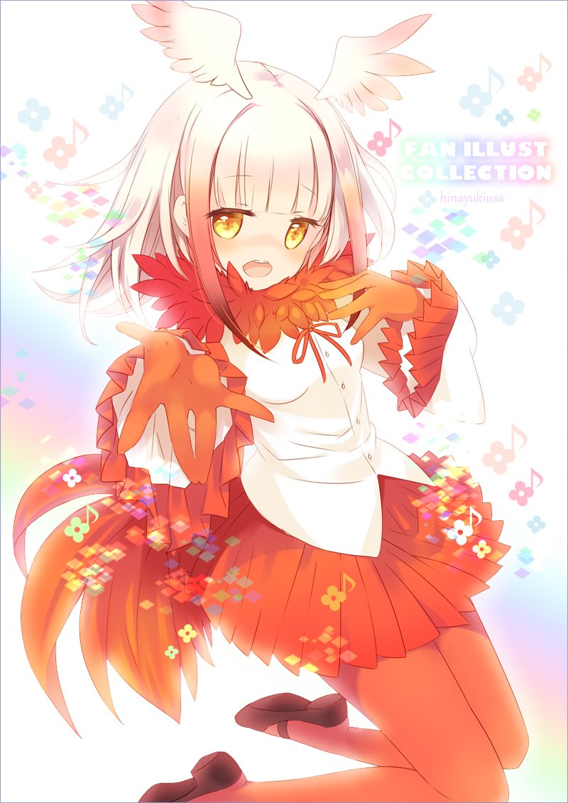 1girl artist_name blush cover cover_page doujin_cover eighth_note eyebrows_visible_through_hair fur_collar gloves gradient head_wings hinayuki_usa japanese_crested_ibis_(kemono_friends) kemono_friends long_hair long_sleeves looking_at_viewer miniskirt musical_note open_mouth outstretched_arm pantyhose pleated_skirt pleated_sleeves reaching_out red_gloves red_legwear red_skirt redhead sidelocks skirt solo white_hair wide_sleeves yellow_eyes
