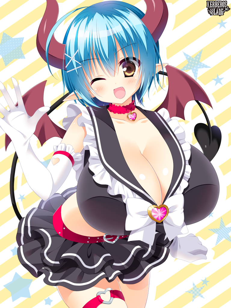 1girl belt blue_hair blush breasts brown_eyes choker cleavage demon_tail demon_wings elbow_gloves female garter gloves horns huge_breasts kerberos_blade leaning_forward looking_at_viewer midriff miniskirt open_mouth pointy_ears short_hair skirt solo standing succubus tail white_gloves wings wink yuyumatsu
