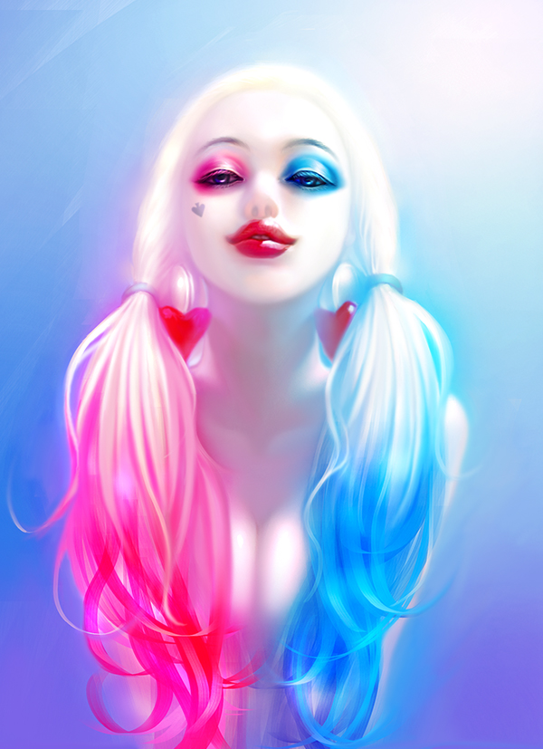 1girl breasts cleavage dc_comics harley_quinn lipstick makeup multicolored_hair suicide_squad twintails two-tone_hair