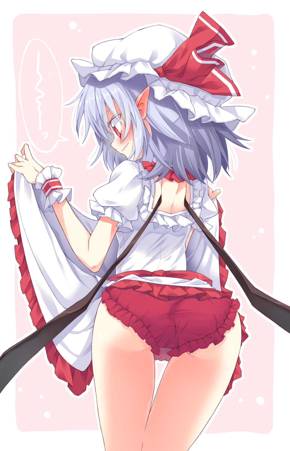 ass back_cutout blush commentary_request cowboy_shot ear_blush frilled_panties frilled_skirt frills hat hat_ribbon highres ina_(inadahime) lavender_hair mob_cap panties pointy_ears red_eyes red_panties red_ribbon remilia_scarlet ribbon short_sleeves skirt skirt_lift spoken_squiggle squiggle standing touhou underwear white_hat wings wrist_cuffs