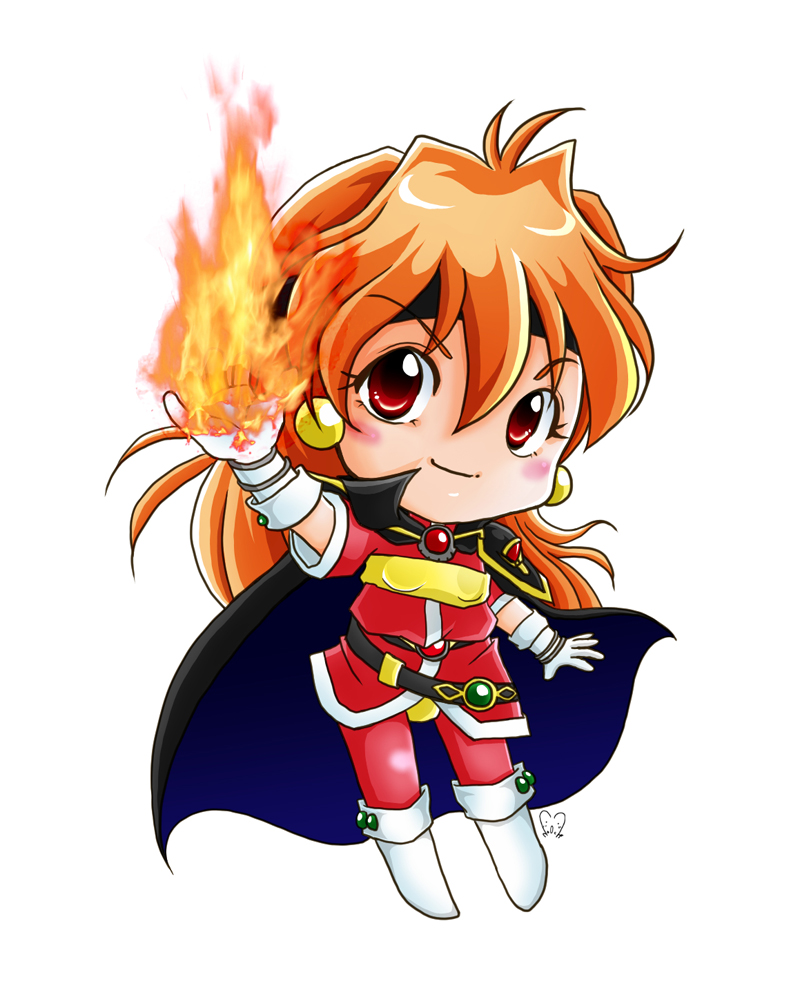 1girl artist artist_request boots cape chibi female full_body gloves hairband lina_inverse looking_at_viewer magic orange_hair red_eyes simple_background slayers solo sorcerer white_boots white_gloves