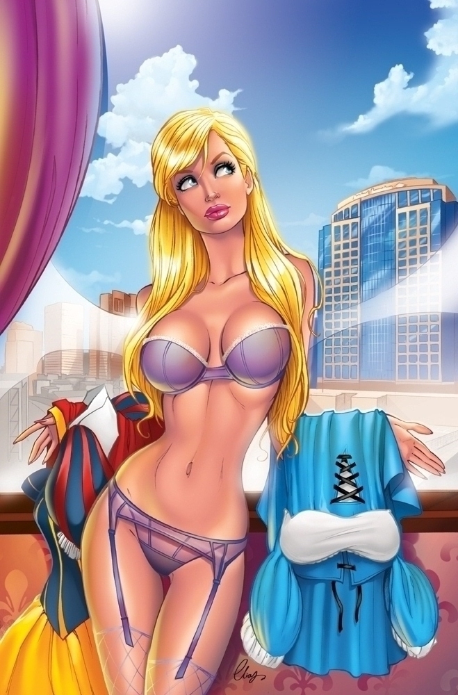 1girl bare_shoulders blonde_hair blue_sky bra breasts building cleavage clouds collarbone contrapposto curtains elias_chatzoudis fishnets garter_belt garter_straps grey_eyes indoors lingerie lipstick looking_to_the_side makeup midriff navel panties side_glance sky solo standing thigh-highs underwear window