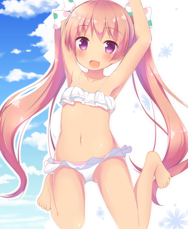 1girl armpit barefoot bikini blush child clouds day eyebrows eyebrows_visible_through_hair feet hair_ornament hair_ribbon jumping kantai_collection libeccio_(kantai_collection) long_twintails looking_at_viewer navel no_nose open_mouth ponpon_(tosico) ribbon shiny shiny_hair shiny_skin sky solo swimsuit twintails