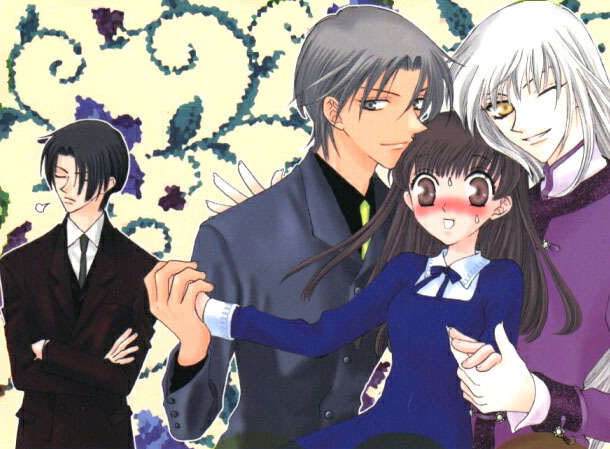 1girl 3boys amber_eyes bangs black_eyes black_hair blue_dress blush brown_eyes brown_hair closed_eyes crossed_arms dress fruits_basket green_necktie hair_over_one_eye hand_holding honda_tooru long_hair multiple_boys necktie souma_ayame souma_hatori souma_shigure suit white_hair wink