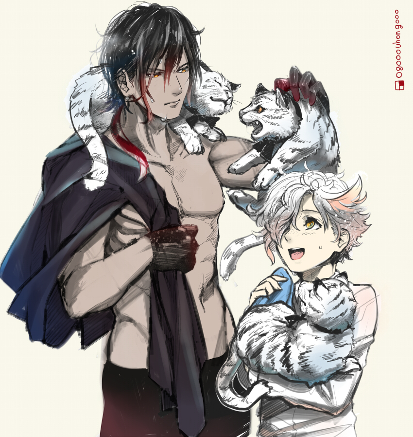 2boys age_difference alternate_costume animal animal_on_shoulder black_gloves black_hair carrying child dark_skin gloves gokotai gokotai's_tigers gradient_hair hair_over_one_eye height_difference looking_at_another male_focus multicolored_hair multiple_boys ookurikara open_mouth personification redhead shirtless simple_background size_difference smile tiger touken_ranbu uosuko upper_body wavy_hair wet white_hair yellow_eyes