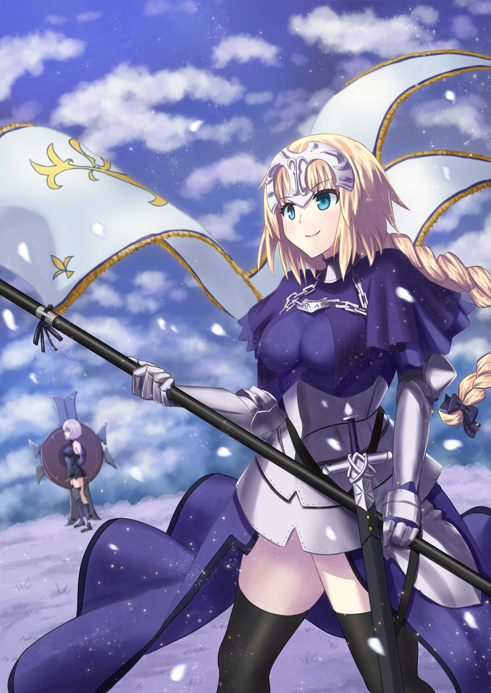 2girls armor armored_dress blonde_hair blue_sky breasts chains clouds fate/grand_order fate_(series) green_eyes highres large_breasts long_braid multiple_girls petals purple_hair rian_(otoha1221) ruler_(fate/apocrypha) shield shielder_(fate/grand_order) short_hair sky standard_bearer sword thigh-highs thighs type-moon weapon