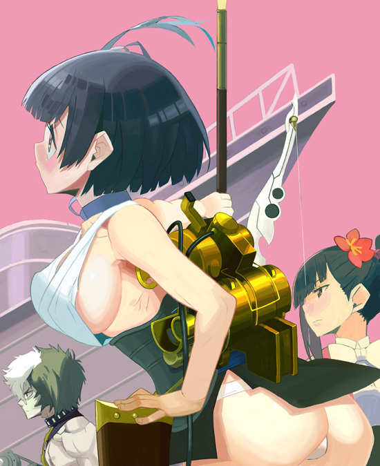 1boy 2girls ass black_hair breasts brown_hair flower glasses hair_flower hair_ornament holding holding_weapon ikoma_(kabaneri) koutetsujou_no_kabaneri multiple_girls mumei_(kabaneri) panties polearm sideboob topless underwear weapon white_hair white_panties yomogawa_ayame yuuki_(irodo_rhythm)