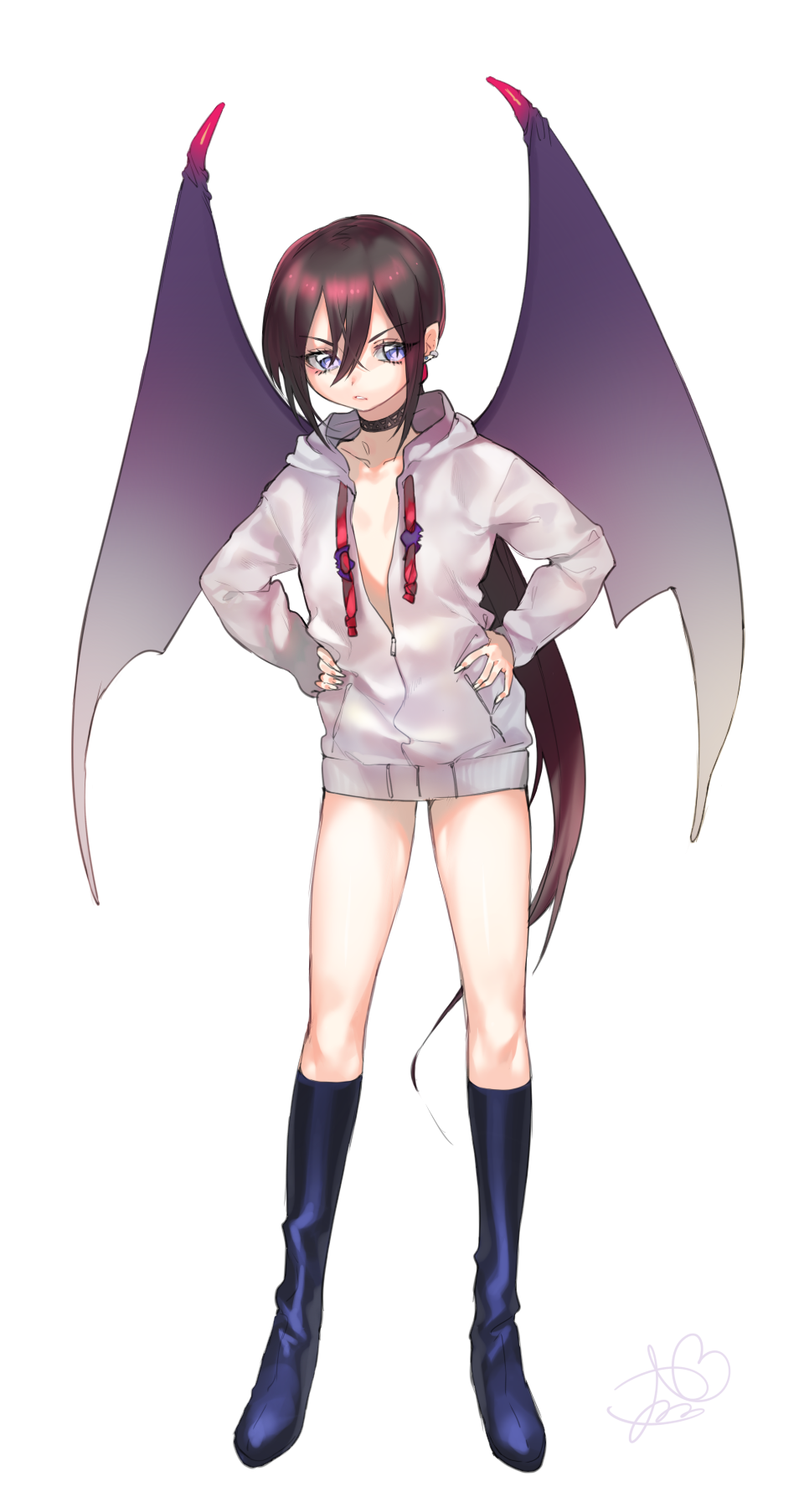 00s 1girl androgynous bat_wings boots bottomless breasts brown_hair choker earring full_body hand_on_hips hoodie lady_bat long_hair mermaid_melody_pichi_pichi_pitch parted_lips piercing ponytail simple_background slit_pupils small_breasts solo very_long_hair violet_eyes white_background wings wntame