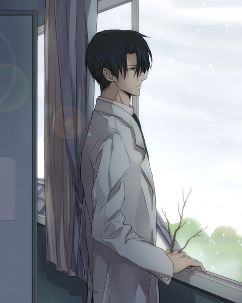 1boy black_hair doctor fruits_basket labcoat male_focus snow solo souma_hatori window