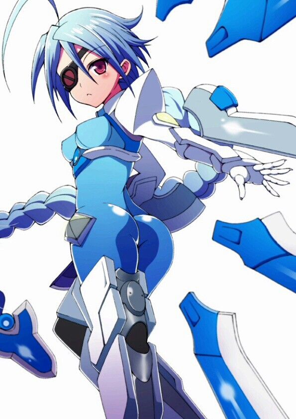 1girl ahoge artist_name ass blazblue blush bodysuit breasts eyepatch gauntlets gloves light_blue_hair looking_at_viewer looking_back machinery nu-13 ookami_maito red_eyes simple_background small_breasts solo unitard white_background white_gloves white_hair