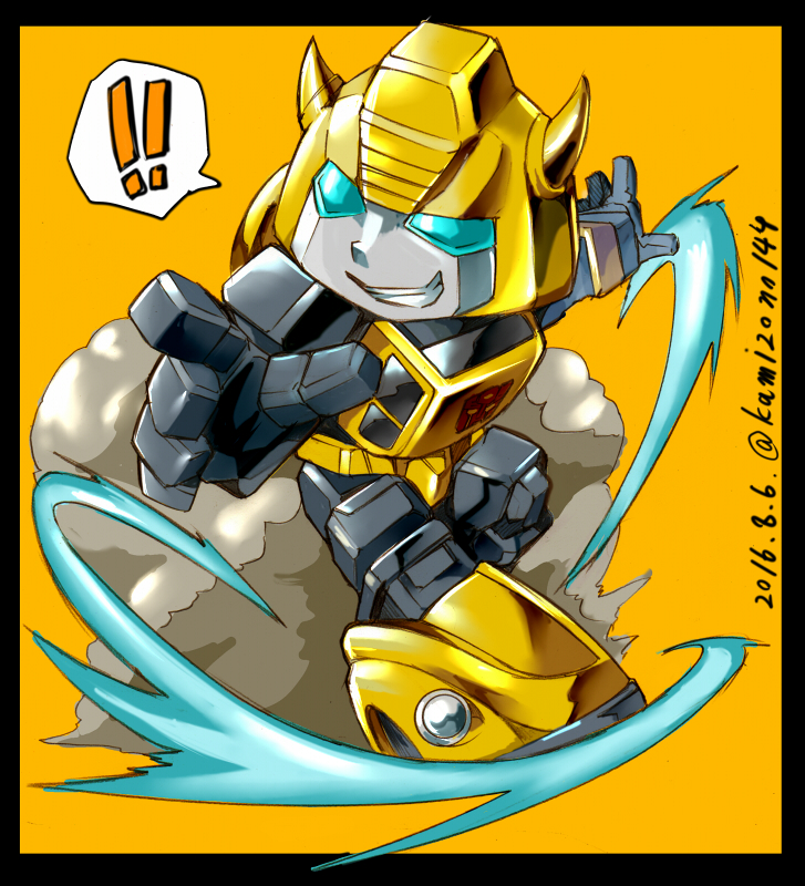 !! 1boy 80s autobot bumblebee glowing glowing_eyes green_eyes insignia kamizono_(spookyhouse) machine machinery mecha no_humans oldschool pointing pointing_at_viewer robot smile solo transformers twitter_username