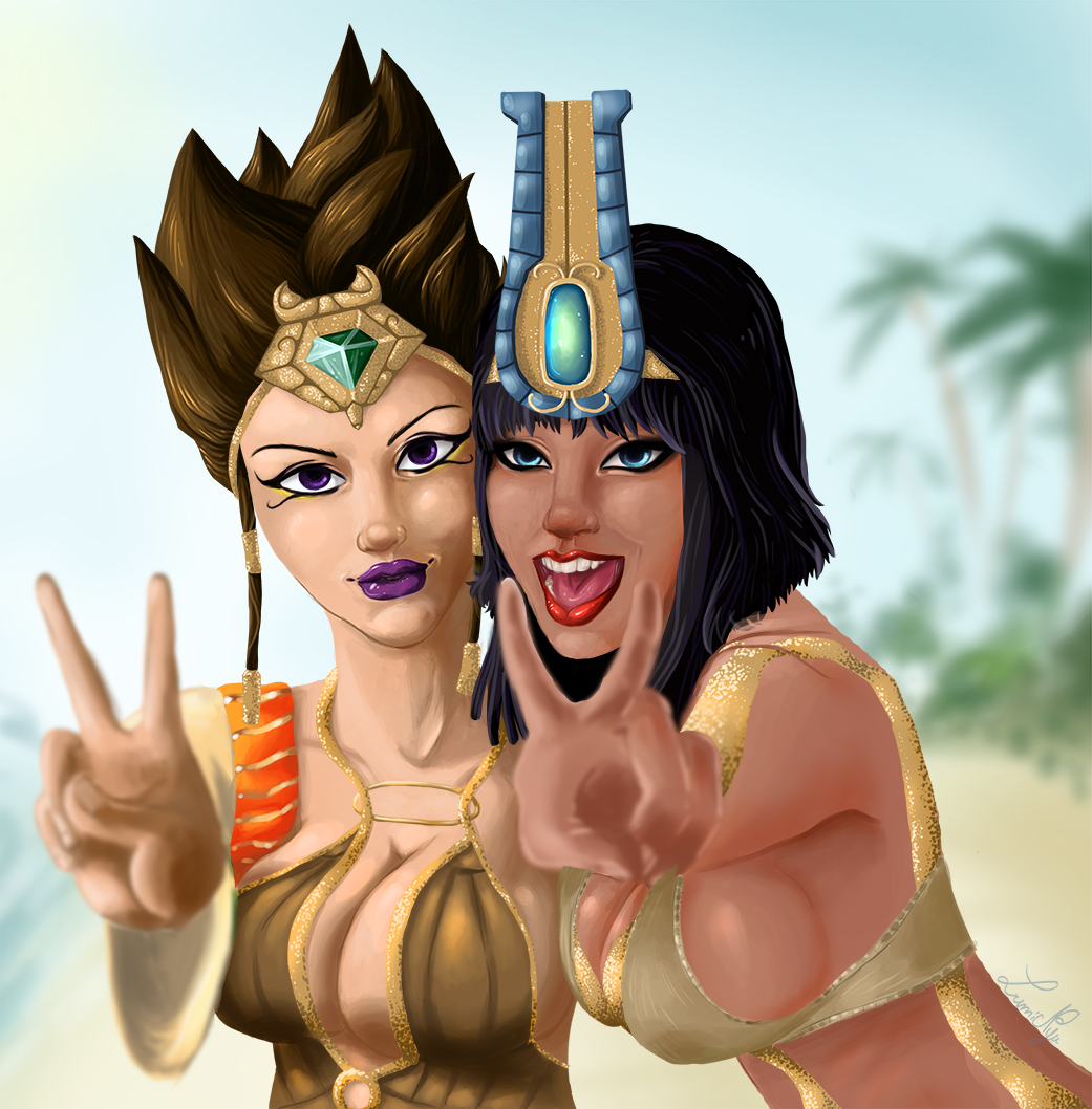 2girls beach black_hair blue_eyes bras breasts brown_hair cleavage egypt egyptian female game goddess gold jewelry lips lipstick makeup moba multiple_girls nature neith open_mouth outdoors plant purple_lipstick red_lipstick serqet sky smile smite tattoo thick_lips upper_body violet_eyes