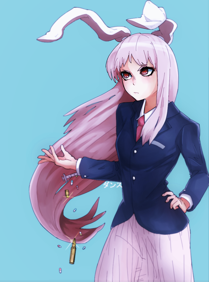 1girl drugs long_hair pink_hair rabbit_ears red_eyes simple_background tagme very_long_hair