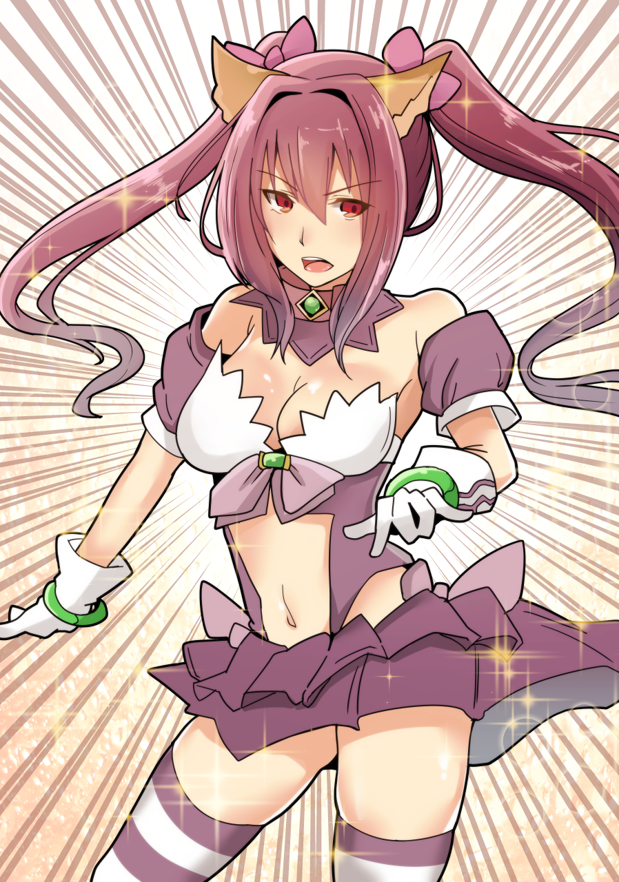 1girl animal_ears arito_arayuru bare_shoulders bracelet breasts cleavage collar cosplay detached_collar detached_sleeves dog_collar fate/apocrypha fate/grand_order fate_(series) gloves hair_ribbon highleg highleg_leotard highres jewelry large_breasts leotard long_hair magical_girl midriff navel navel_cutout pleated_skirt purple_clothes purple_hair purple_skirt red_eyes ribbon ruler_(fate/apocrypha) ruler_(fate/apocrypha)_(cosplay) scathach_(fate/grand_order) sidelocks simple_background skindentation skirt solo sparkle_background speed_lines striped striped_legwear thigh-highs twintails white_gloves