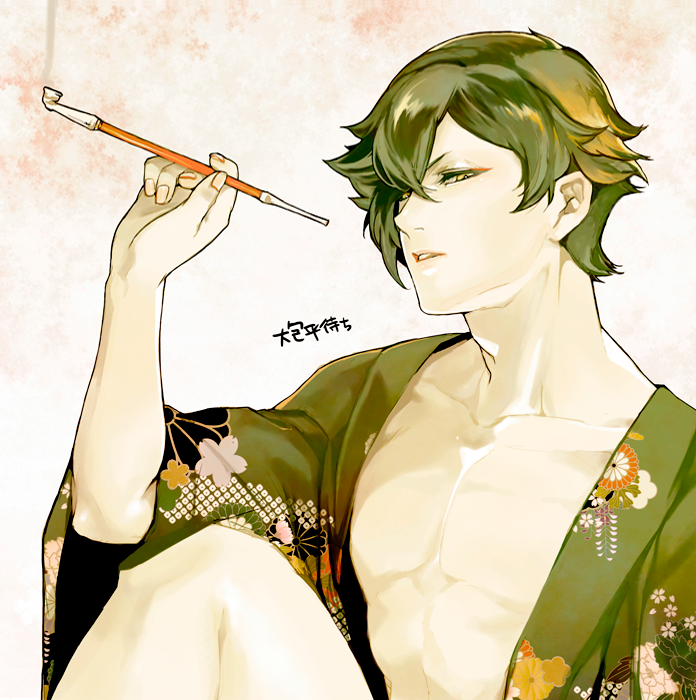 1boy alternate_costume collarbone floral_pattern green_eyes green_hair half-closed_eyes japanese_clothes kiseru knee_up looking_at_viewer male_focus matching_hair/eyes open_clothes parted_lips personification pipe simple_background smoke snj solo touken_ranbu traditional_clothes uguisumaru upper_body yukata