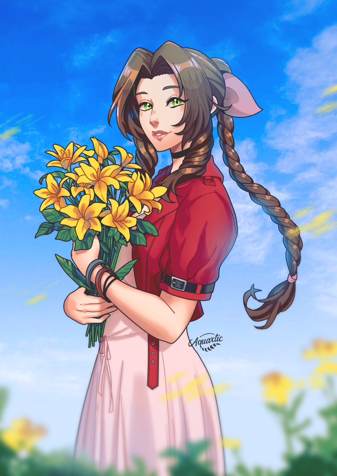 1girl aerith_gainsborough aquaxtic artist_name bangle black_choker blue_sky blurry blurry_foreground bouquet bracelet braid braided_ponytail brown_hair choker cowboy_shot cropped_jacket dress final_fantasy final_fantasy_vii final_fantasy_vii_rebirth final_fantasy_vii_remake flower green_eyes hair_ribbon highres holding holding_bouquet holding_flower jacket jewelry lily_(flower) long_dress long_hair looking_at_viewer outdoors parted_bangs parted_lips pink_dress pink_ribbon red_jacket ribbon short_sleeves sidelocks single_braid sky solo standing wavy_hair yellow_flower