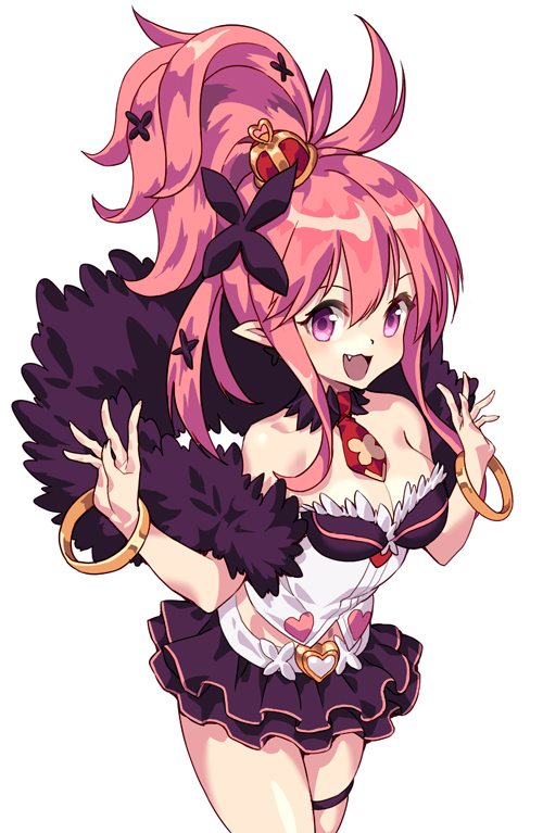 1girl bare_shoulders breasts cleavage crown disgaea fang feather_boa large_breasts long_hair makai_senki_disgaea_5 pink_hair pointy_ears ponytail seraphina_(disgaea) seraphine skirt smile solo violet_eyes