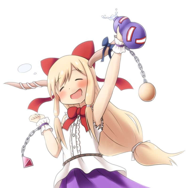 1girl alcohol armpit bow child closed_eyes drunk eyebrows eyebrows_visible_through_hair hair_bow hair_ornament holding horns ibuki_suika long_hair open_mouth simple_background sira solo tied_hair touhou upper_body white_background