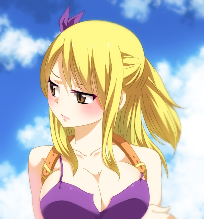 1girl backpack blonde_hair blush breasts brown_eyes clouds fairy_tail gaston18 large_breasts long_hair looking_away lucy_heartfilia no_bra ponytail sky solo tank_top