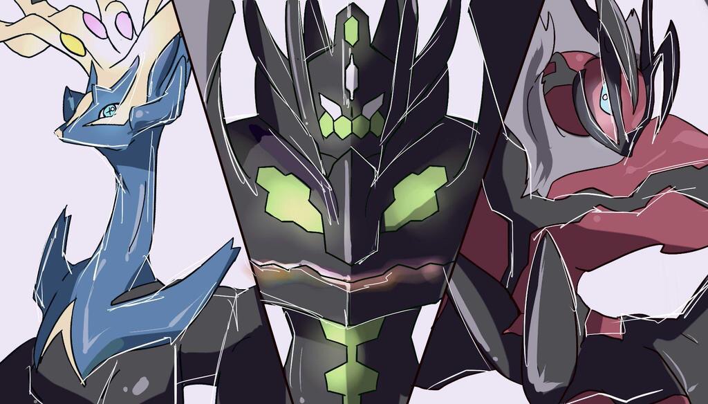 10s blue_eyes looking_at_viewer no_humans pink_background pokemon pokemon_(creature) pokemon_(game) pokemon_sm pokemon_xy simple_background symbol-shaped_pupils white_background xerneas yveltal zygarde zygarde_complete