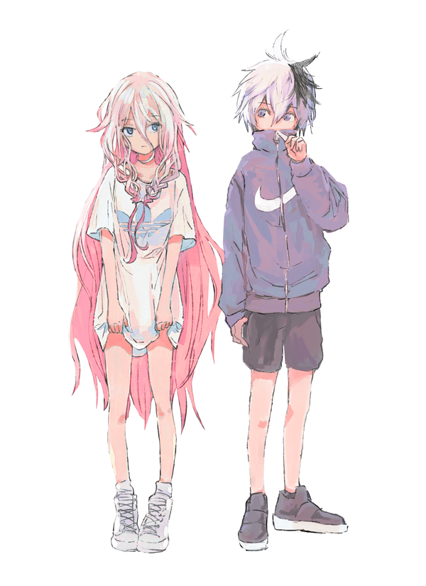 2girls adidas black_shorts covered_mouth flower_(vocaloid) flower_(vocaloid4) full_body ia_(vocaloid) jacket kyuufu long_hair long_shirt multicolored_hair multiple_girls nike pink_hair purple_jacket shirt shoes short_hair shorts simple_background sneakers streaked_hair t-shirt violet_eyes vocaloid white_background white_hair