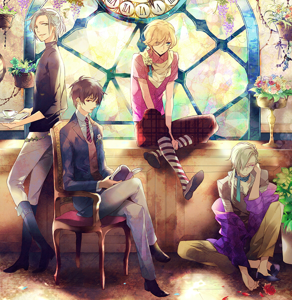 beverage blonde_hair blue_eyes book boots brown_eyes brown_hair flower glasses green_eyes grey_hair group long_hair necktie original pants ponytail red_eyes scarf seifuku short_hair smile suit