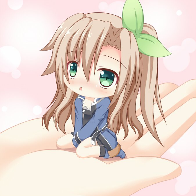 1girl blush bow brown_hair chibi choujigen_game_neptune green_eyes hair_bow hair_ornament if_(choujigen_game_neptune) long_hair looking_at_viewer minigirl neptune_(series) open_mouth ribbon side_ponytail sitting size_difference solo wariza whitey
