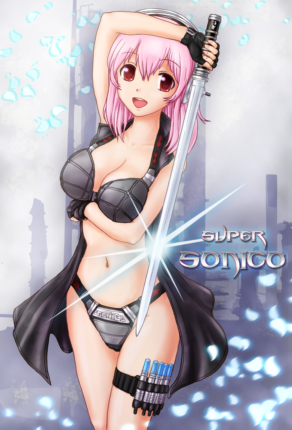 1girl :d armor bikini bikini_armor blade_(character) blade_(cosplay) blade_(marvel) blush breasts cleavage fingerless_gloves gloves headphones highres holster large_breasts long_hair looking_at_viewer marvel_comics md5_mismatch midriff navel nitroplus open_mouth pink_hair red_eyes smile solo super_sonico swimsuit sword thigh_holster tsuru_maxim weapon