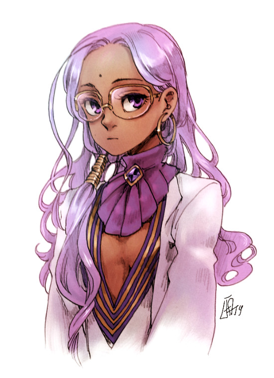 1girl bindi breasts closed_mouth dark_skin earrings facial_mark fate/extra fate_(series) forehead_mark glasses jewelry labcoat ladugard lavender_hair long_hair petite rani_viii simple_background small_breasts type-moon upper_body v-neck violet_eyes wavy_hair white_background