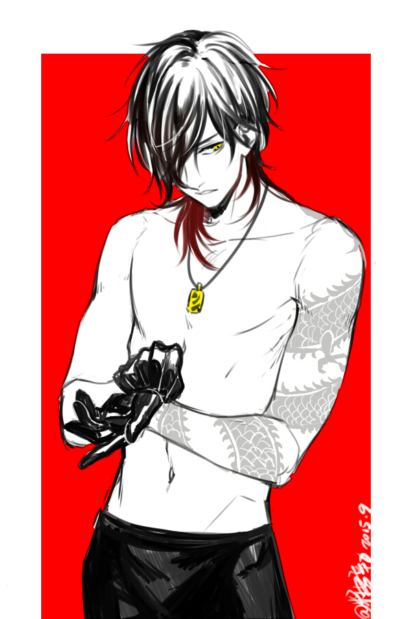 1boy black_gloves black_hair candytang442494812 collarbone dragon dressing gloves hair_over_one_eye male_focus multicolored_hair navel necklace ookurikara parted_lips partially_colored personification red_background redhead simple_background solo tattoo topless touken_ranbu upper_body white_background yellow_eyes